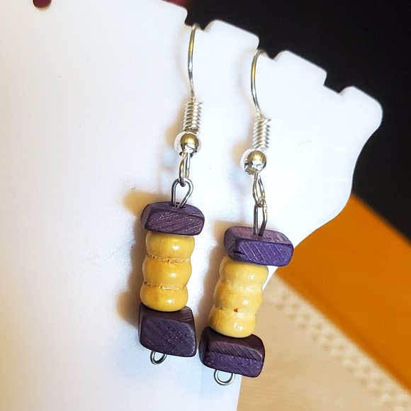 Silver Tone Hook Wood Bead Dangle Earrings Artisan